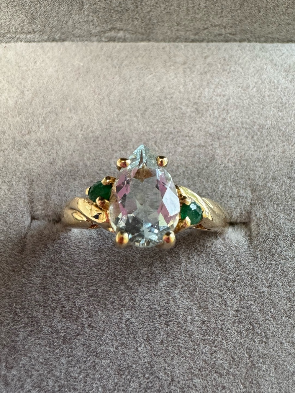 10K gold Pear-Cut Aquamarine Ring with Green Accent Emeralds